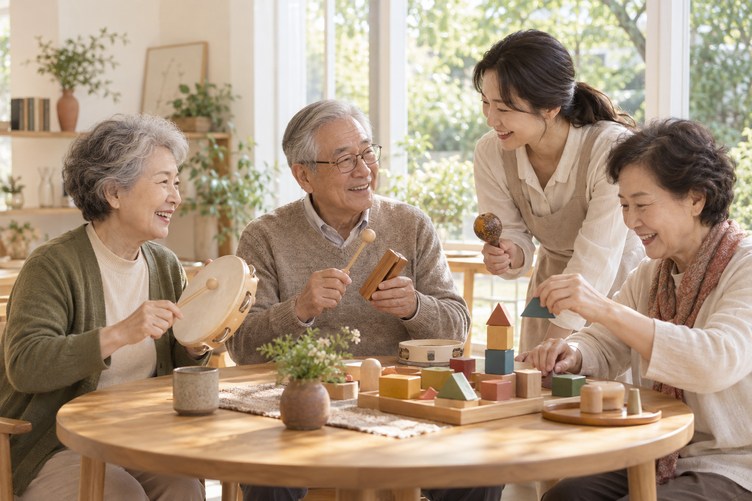 함께 배우며 웃는 어르신과 강사의 프로그램 예시